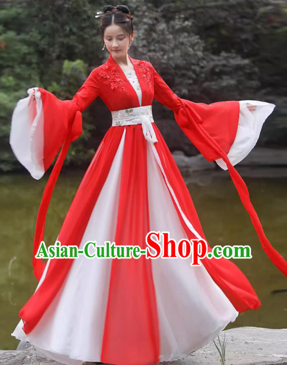 China Red Fairy Dress Ancient Wedding Hanfu Classical Dance Clothing Han Dynasty Princess Costume
