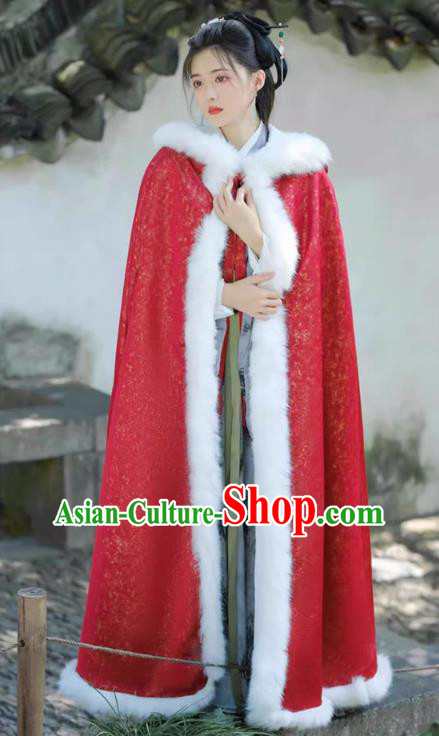 China Traditional Hanfu Red Cloak Ancient Princess Winter Costume Ming Dynasty Young Woman Mantle Clothing